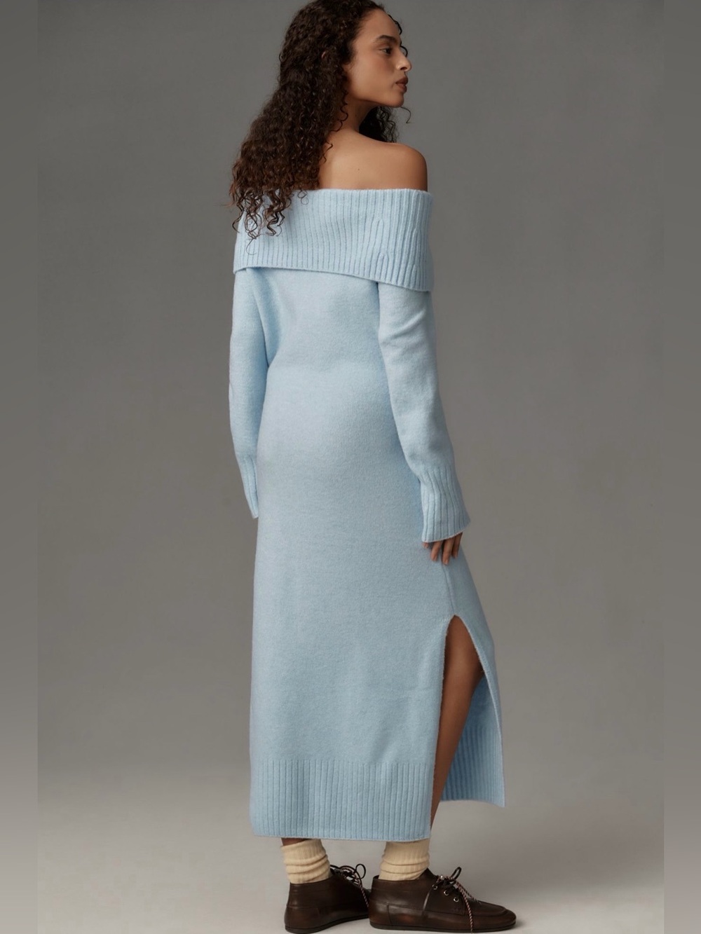 Daily Practice Off-Shoulder Light Blue Ribbed Knit Sweater Dress - Picture 2 of 7